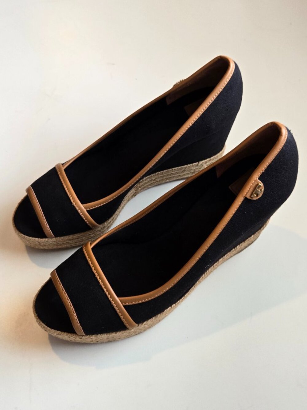 Tory Burch Majorca 85MM Logo Wedge Espadrilles Black Tan EU 39 US 9